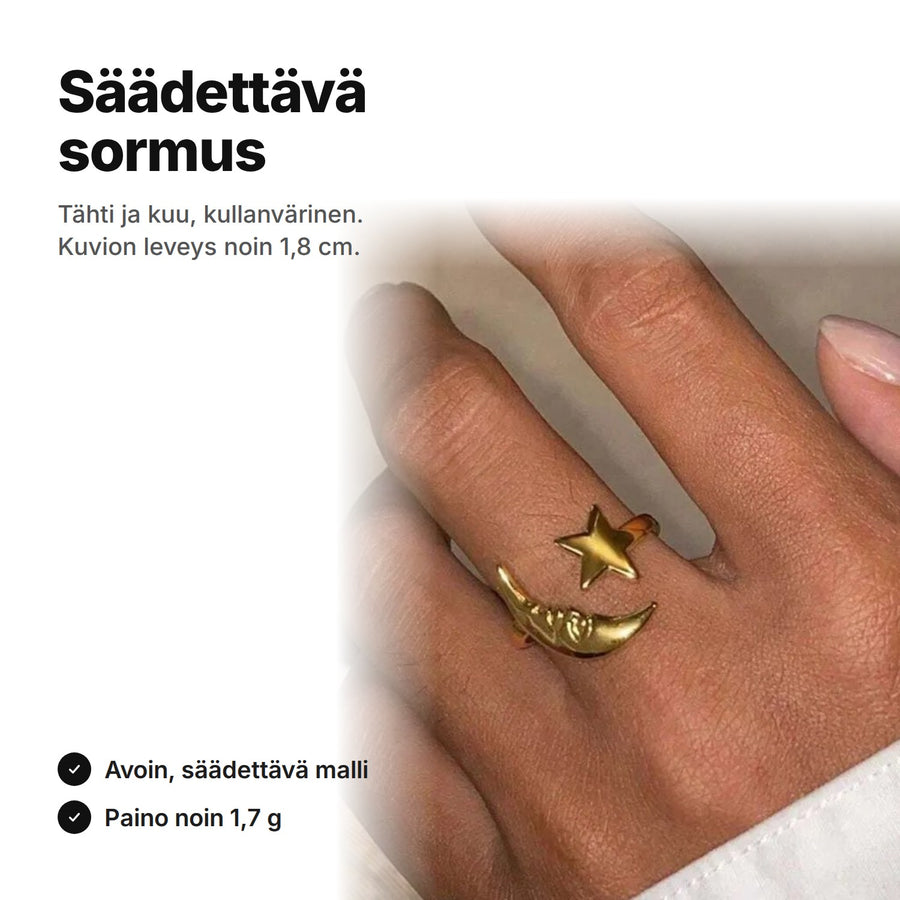 Kullanvärinen säädettävä sormus tähti ja kuu sormessa, kuvion leveys noin 1,8 cm