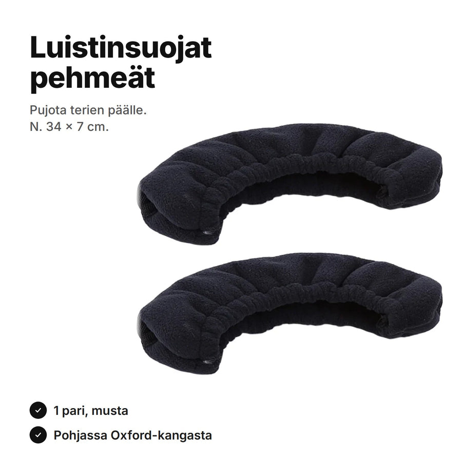 Luistinsuojat pehmeät: musta pari, noin 34 × 7 cm, kuminauha suuaukossa
