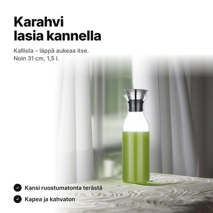 Lasinen karahvi ja ruostumattomasta teräksestä tehty kansi – 1,5 litran vesikarahvi, noin 31 cm korkea