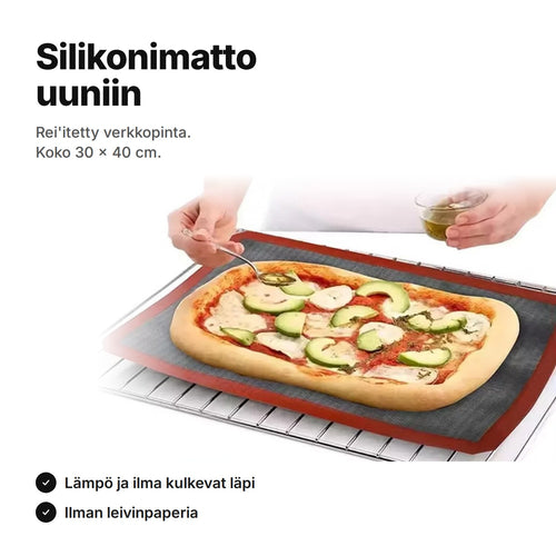 Silikonimatto uuniin: pizza rei'itetyn maton päällä – koko 30 × 40 cm, lämpö ja ilma kulkevat läpi