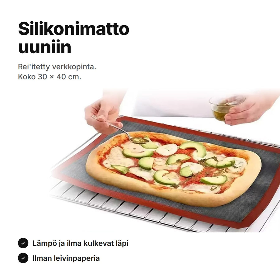 Silikonimatto uuniin: pizza rei'itetyn maton päällä – koko 30 × 40 cm, lämpö ja ilma kulkevat läpi