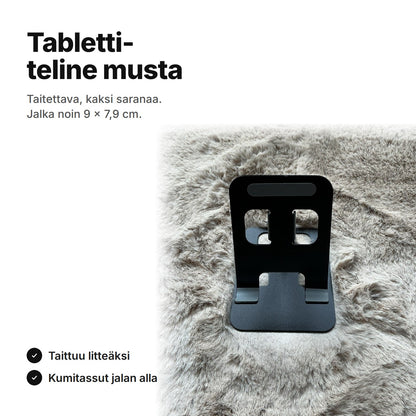 Musta taitettava tablettiteline, kaksi saranaa, jalka noin 9 × 7,9 cm