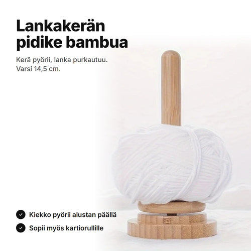 Lankakerän pidike bambua, valkoinen lankakerä varressa – varsi 14,5 cm, kiekko pyörii alustan päällä