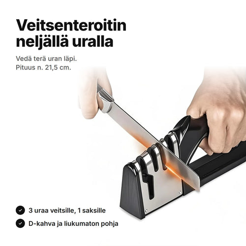 Veitsenteroitin käytössä: kolme uraa veitsille ja yksi saksille, D-kahva, pituus n. 21,5 cm