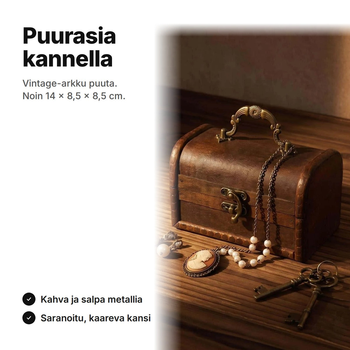 Puurasia kannella vintage-tyyliin, noin 14 × 8,5 × 8,5 cm, kahva ja salpa metallia