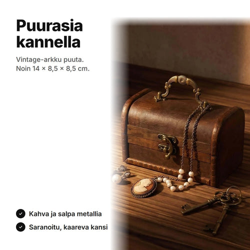 Puurasia kannella vintage-tyyliin, noin 14 × 8,5 × 8,5 cm, kahva ja salpa metallia