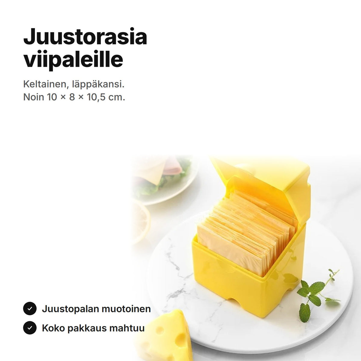 Juustorasia viipalejuustolle, keltainen ja juustopalan muotoinen, noin 10 × 8 × 10,5 cm