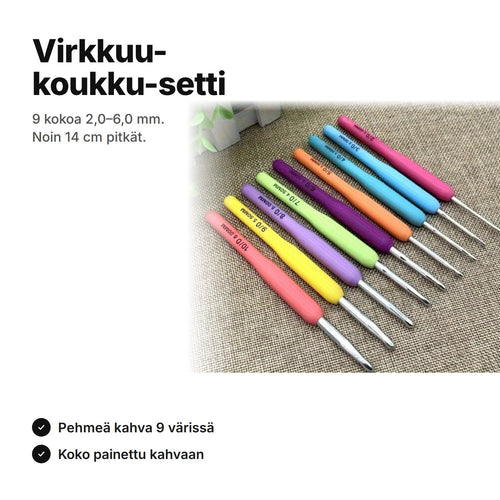 Virkkuukoukku-setti, 9 koukkua 2,0–6,0 mm pehmeällä kahvalla, noin 14 cm pitkät