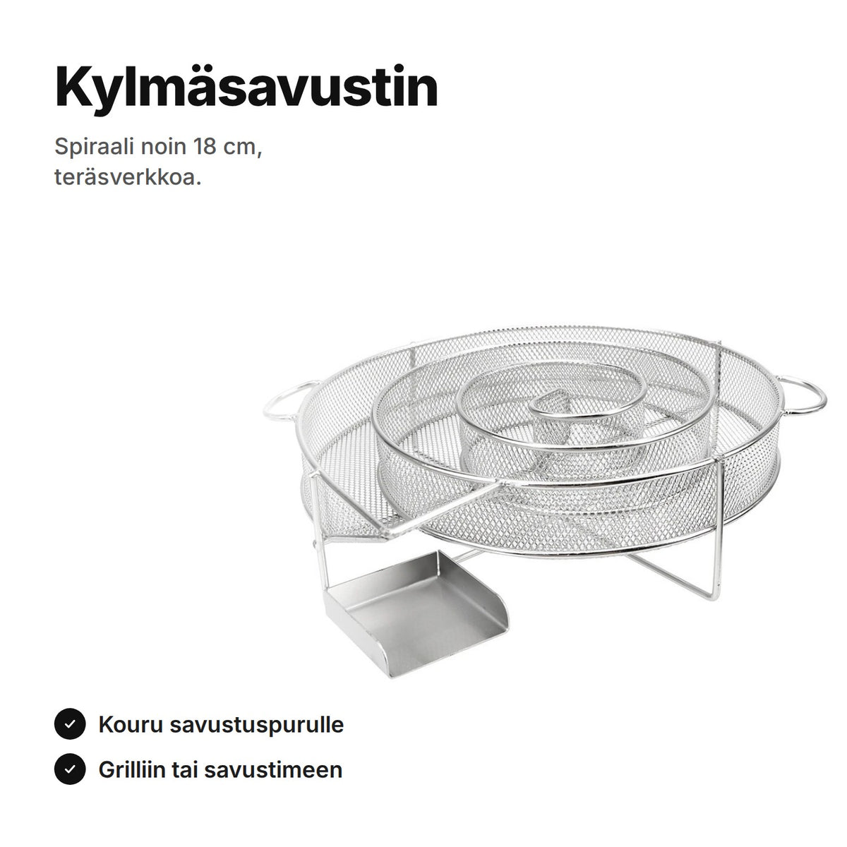 Kylmäsavustin spiraali noin 18 cm – teräsverkkoinen kouru savustuspurulle grilliin tai savustimeen