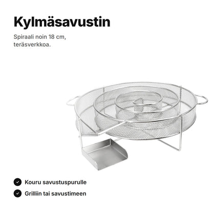 Kylmäsavustin spiraali noin 18 cm – teräsverkkoinen kouru savustuspurulle grilliin tai savustimeen