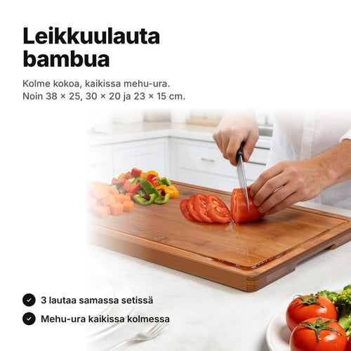 Leikkuulauta bambua mehu-uralla, tomaatteja leikataan isolla laudalla – 3 kpl, noin 38 × 25, 30 × 20 ja 23 × 15 cm