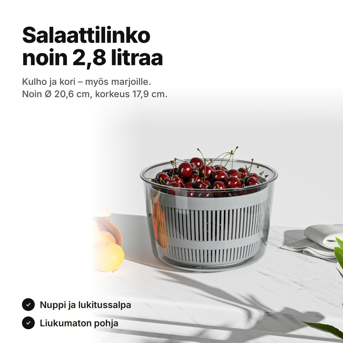 Salaattilinko, noin 2,8 litraa: kulho ja kori kirsikoiden kanssa – Ø noin 20,6 cm ja korkeus 17,9 cm