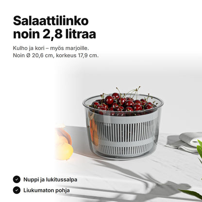 Salaattilinko, noin 2,8 litraa: kulho ja kori kirsikoiden kanssa – Ø noin 20,6 cm ja korkeus 17,9 cm
