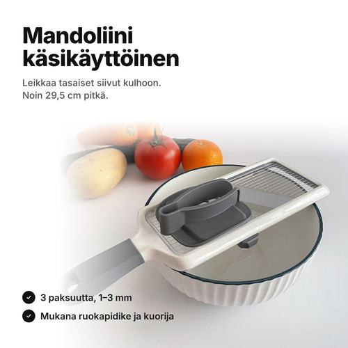 Käsikäyttöinen mandoliini kulhon päällä – 3 siivupaksuutta 1–3 mm, noin 29,5 cm pitkä