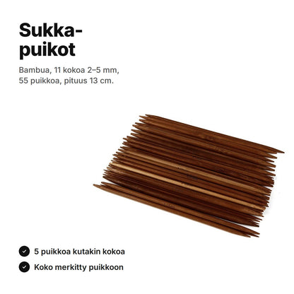 Sukkapuikot bambua – 55 puikkoa 11 koossa 2–5 mm, pituus 13 cm