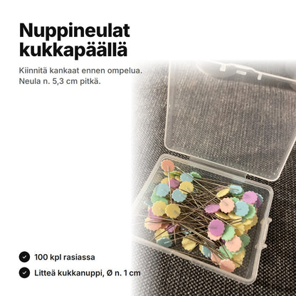 Nuppineulat kukkapäällä: 100 kpl rasiassa, litteä kukkanuppi n. 1 cm, neula n. 5,3 cm