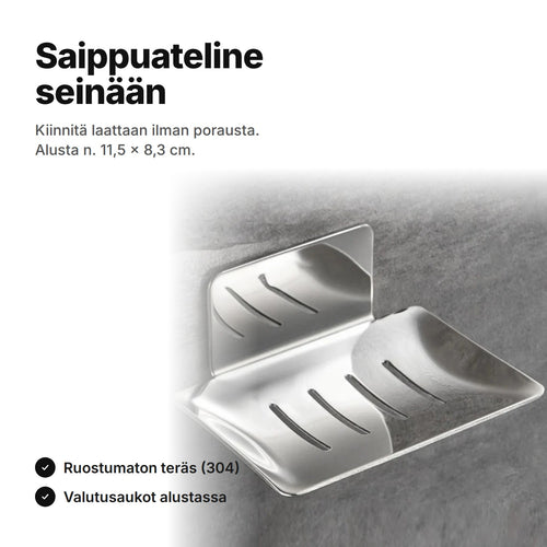 Saippuateline seinään kiiltävää ruostumatonta terästä, valutusaukot – alusta n. 11,5 × 8,3 cm, kiinnitys ilman porausta
