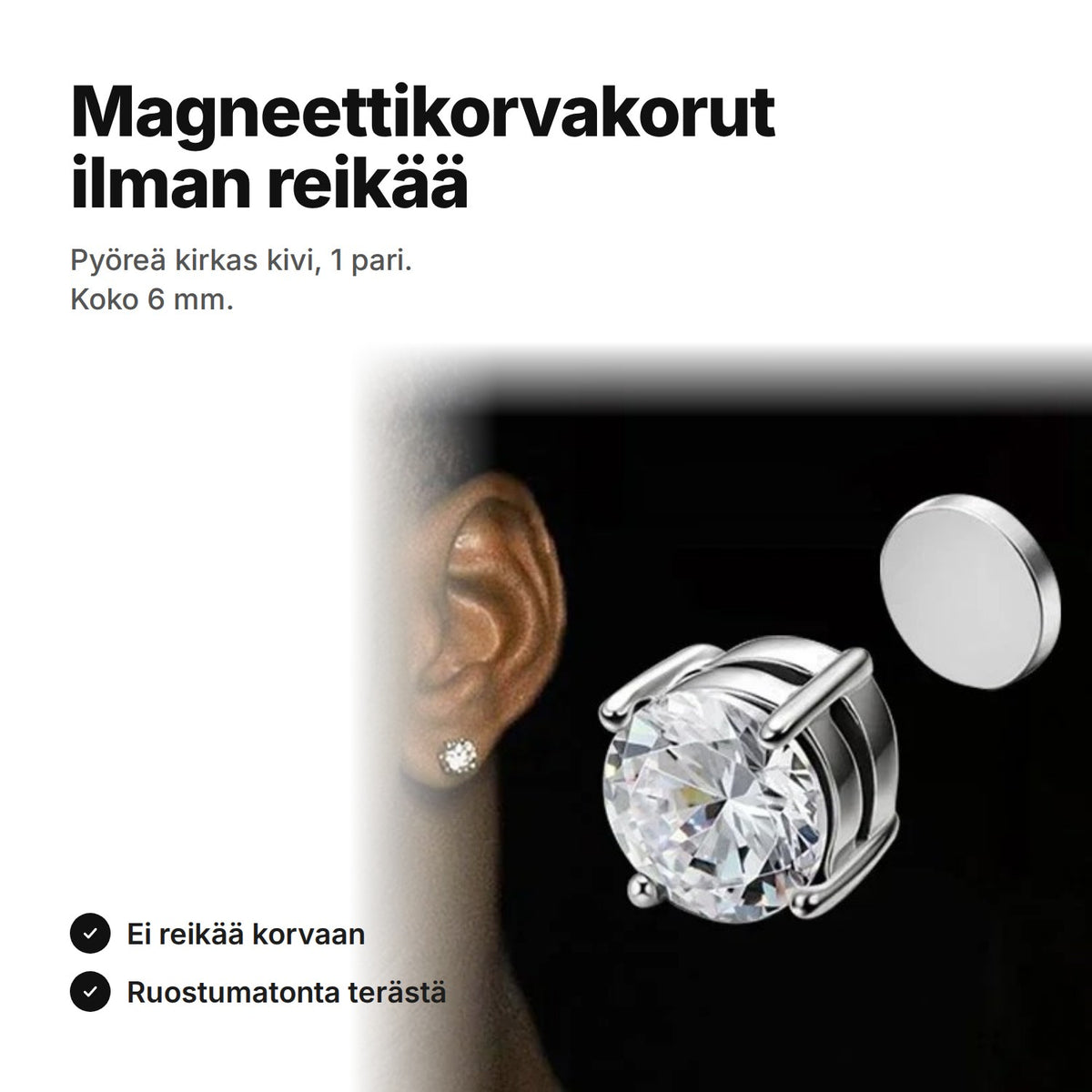 Magneettikorvakorut ilman reikää – pyöreä kirkas kivi, koko 6 mm, 1 pari