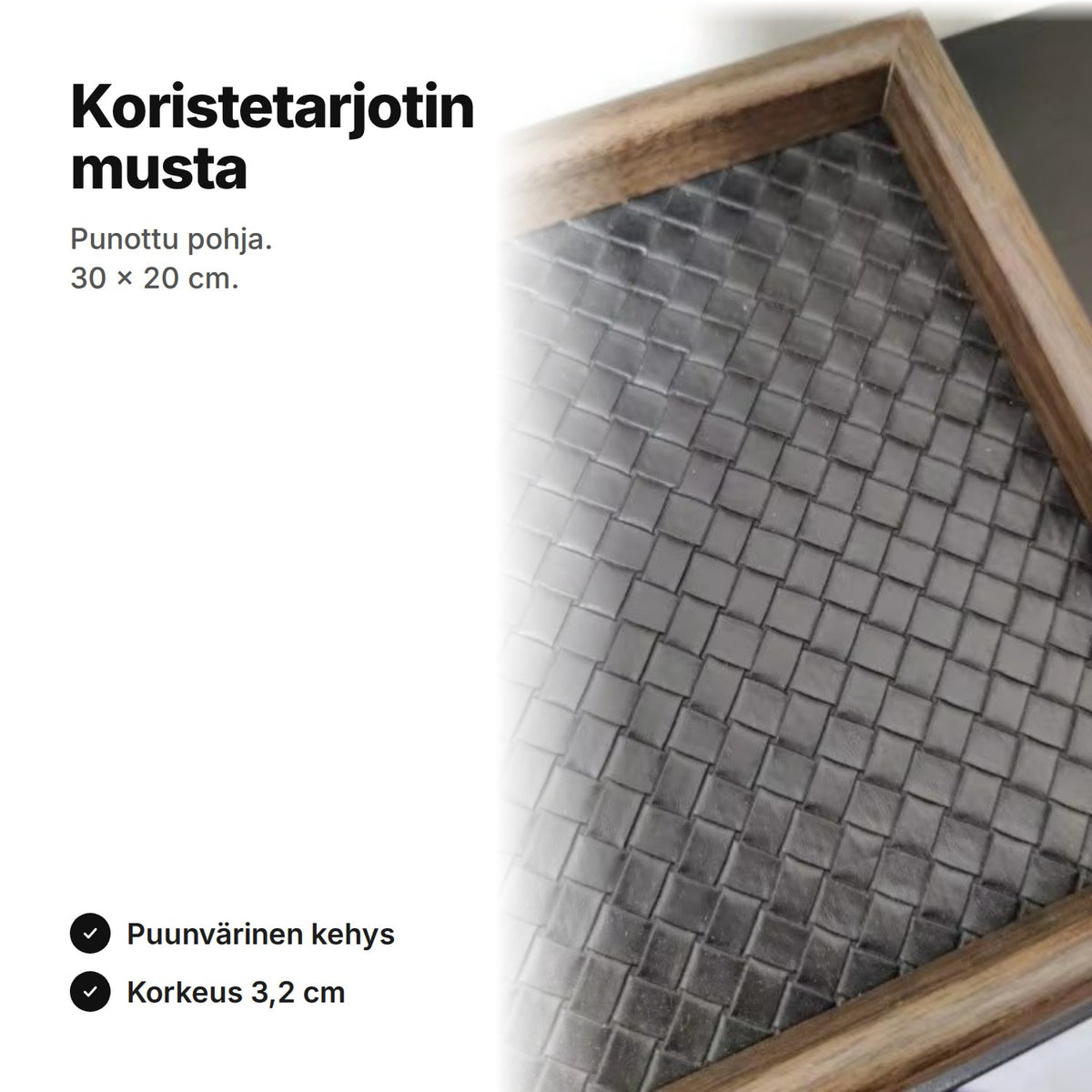 Musta koristetarjotin 30 × 20 cm: punottu keinonahkapohja ja tumma puunvärinen kehys
