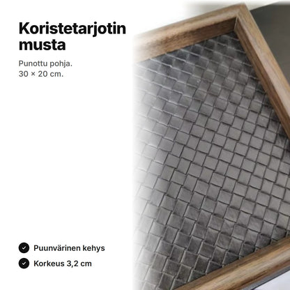 Musta koristetarjotin 30 × 20 cm: punottu keinonahkapohja ja tumma puunvärinen kehys