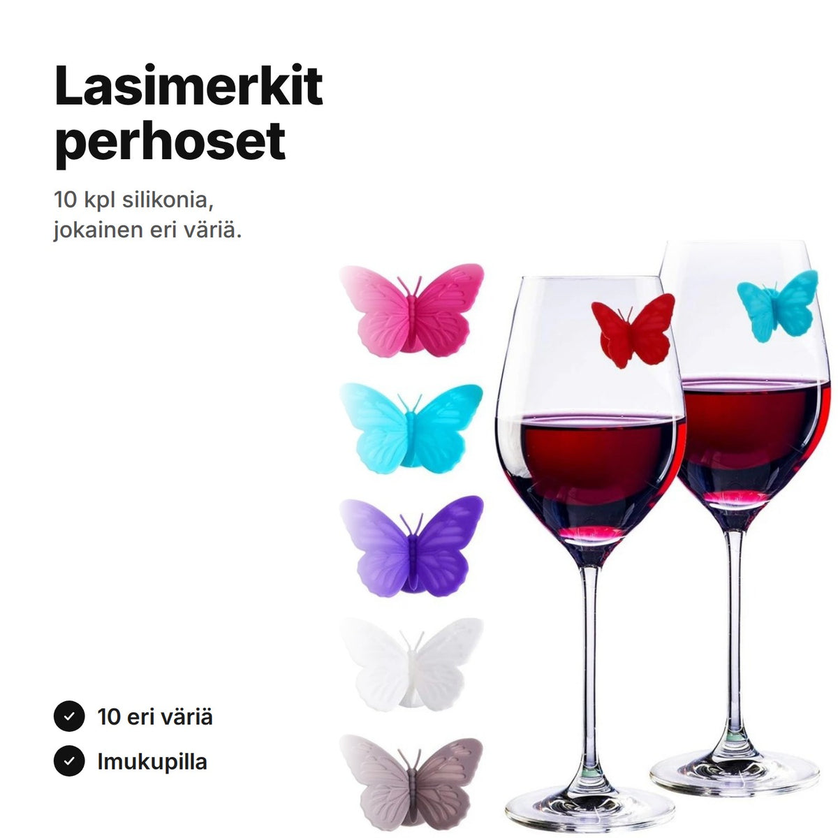 Lasimerkit perhoset silikonia – 10 kpl, 10 väriä, imukupilla, kahden viinilasin kyljessä