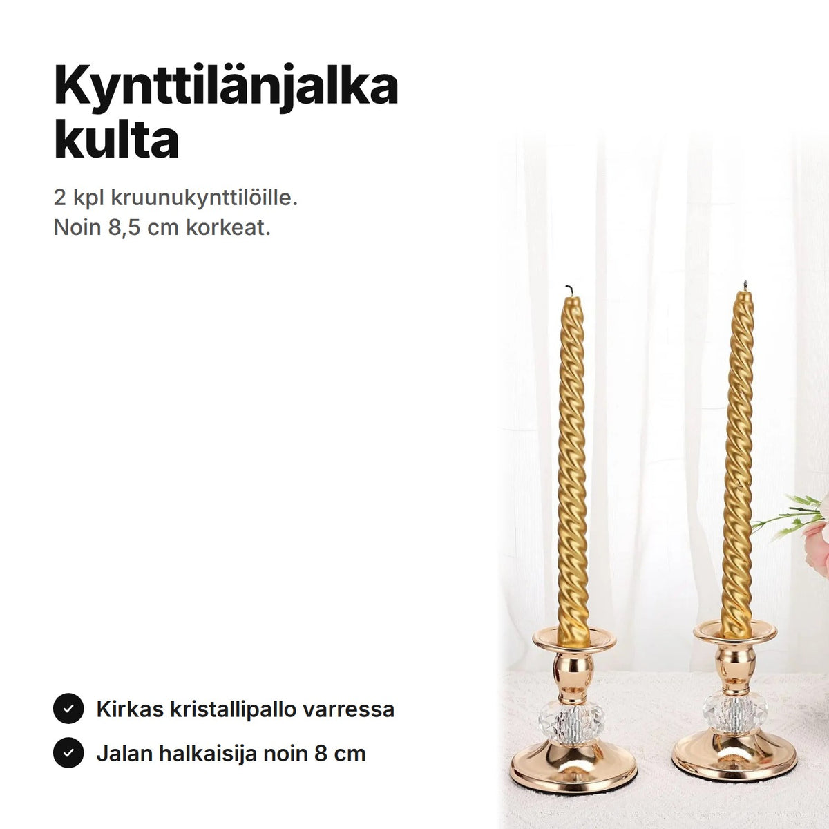 Kynttilänjalka kulta kruunukynttilöille, 2 kpl, noin 8,5 cm korkeat, kirkas kristallipallo