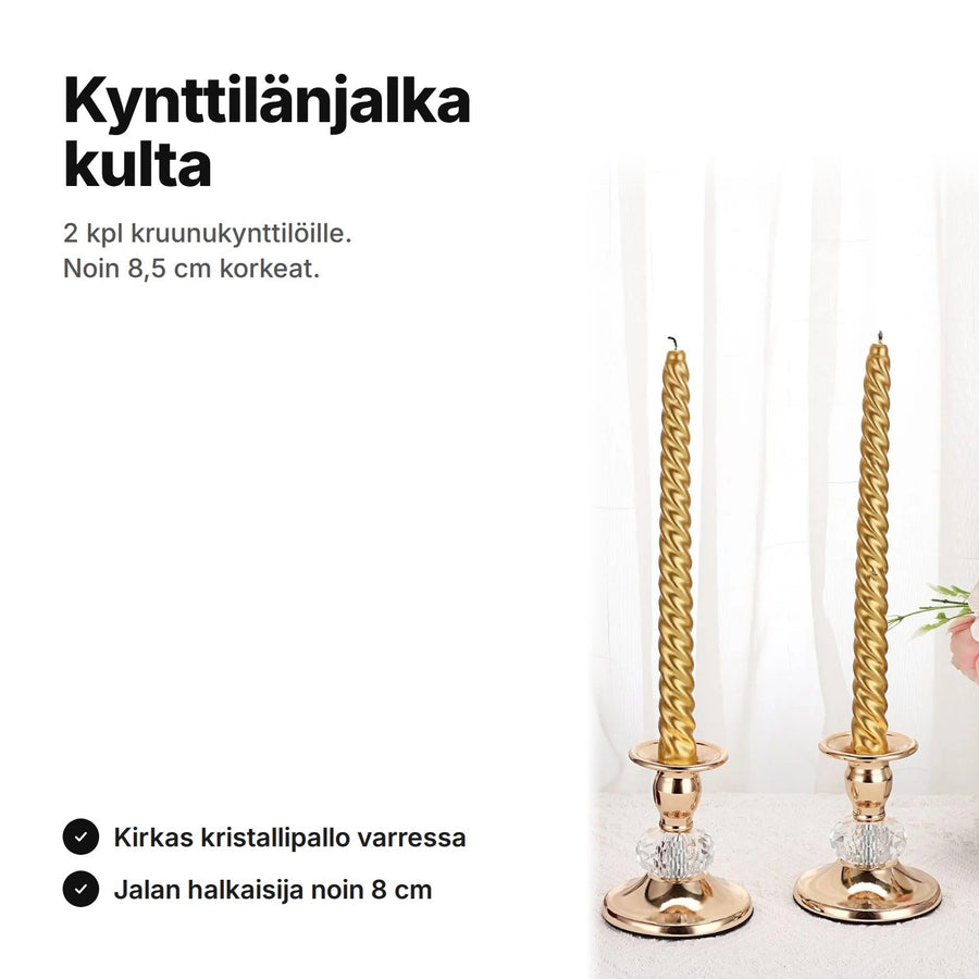 Kynttilänjalka kulta kruunukynttilöille, 2 kpl, noin 8,5 cm korkeat, kirkas kristallipallo