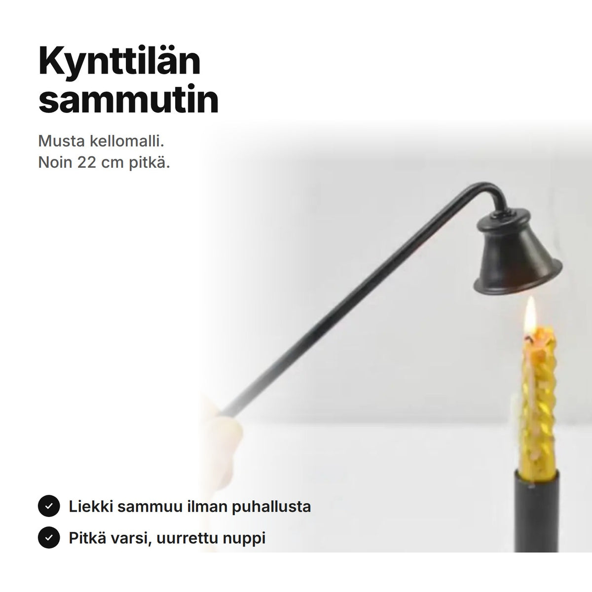 Musta kynttilän sammutin, kellomalli pitkällä varrella, noin 22 cm