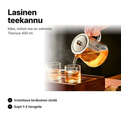 Lasinen teekannu 400 ml: teetä kaadetaan kannusta lasikuppeihin, irrotettava teräksinen siivilä