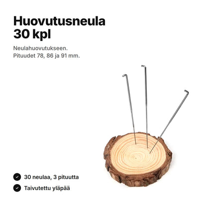 Huovutusneula 30 kpl: neulahuovutukseen, pituudet 78, 86 ja 91 mm, taivutettu yläpää