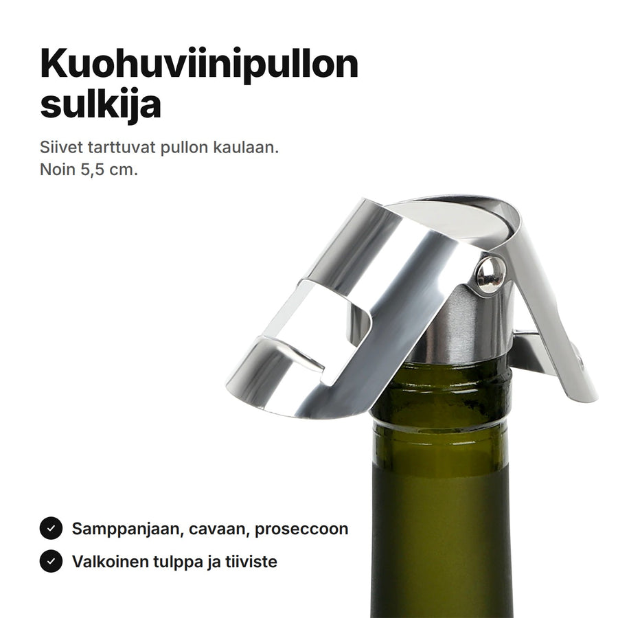 Kuohuviinipullon sulkija ruostumatonta terästä pullon kaulassa – siivet tarttuvat kaulan reunaan