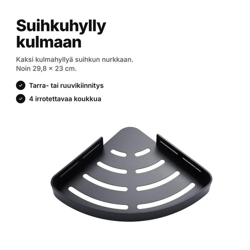 Suihkuhylly kulmaan: musta alumiininen kulmahylly, jossa rei'itetty pohja ja kiinnityslevyt – noin 29,8 × 23 cm