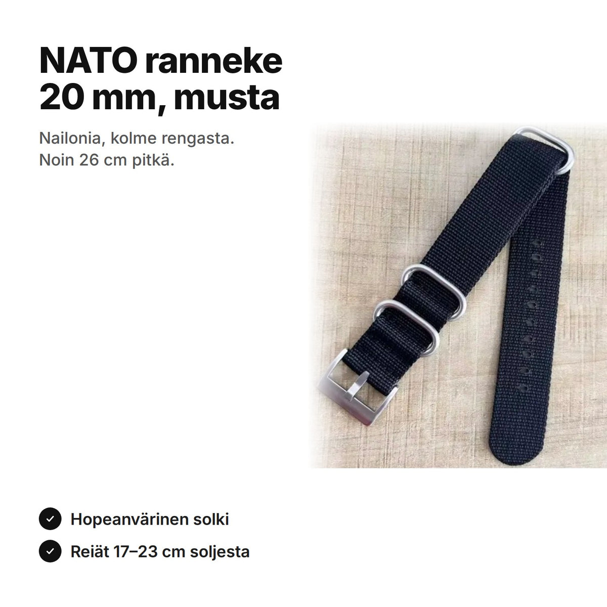 Musta NATO ranneke 20 mm, nailonia, hopeanvärinen solki ja kolme rengasta, noin 26 cm