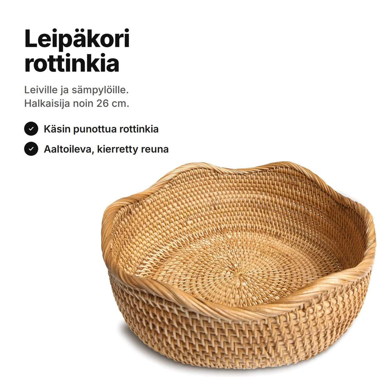 Leipäkori rottinkia: pyöreä, käsin punottu hunajanruskea kori aaltoilevalla reunalla – halkaisija noin 26 cm
