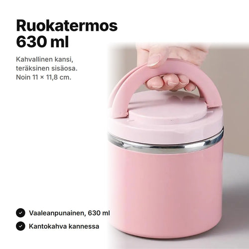 Vaaleanpunainen ruokatermos 630 ml, kannessa kaareva kantokahva, noin 11 × 11,8 cm