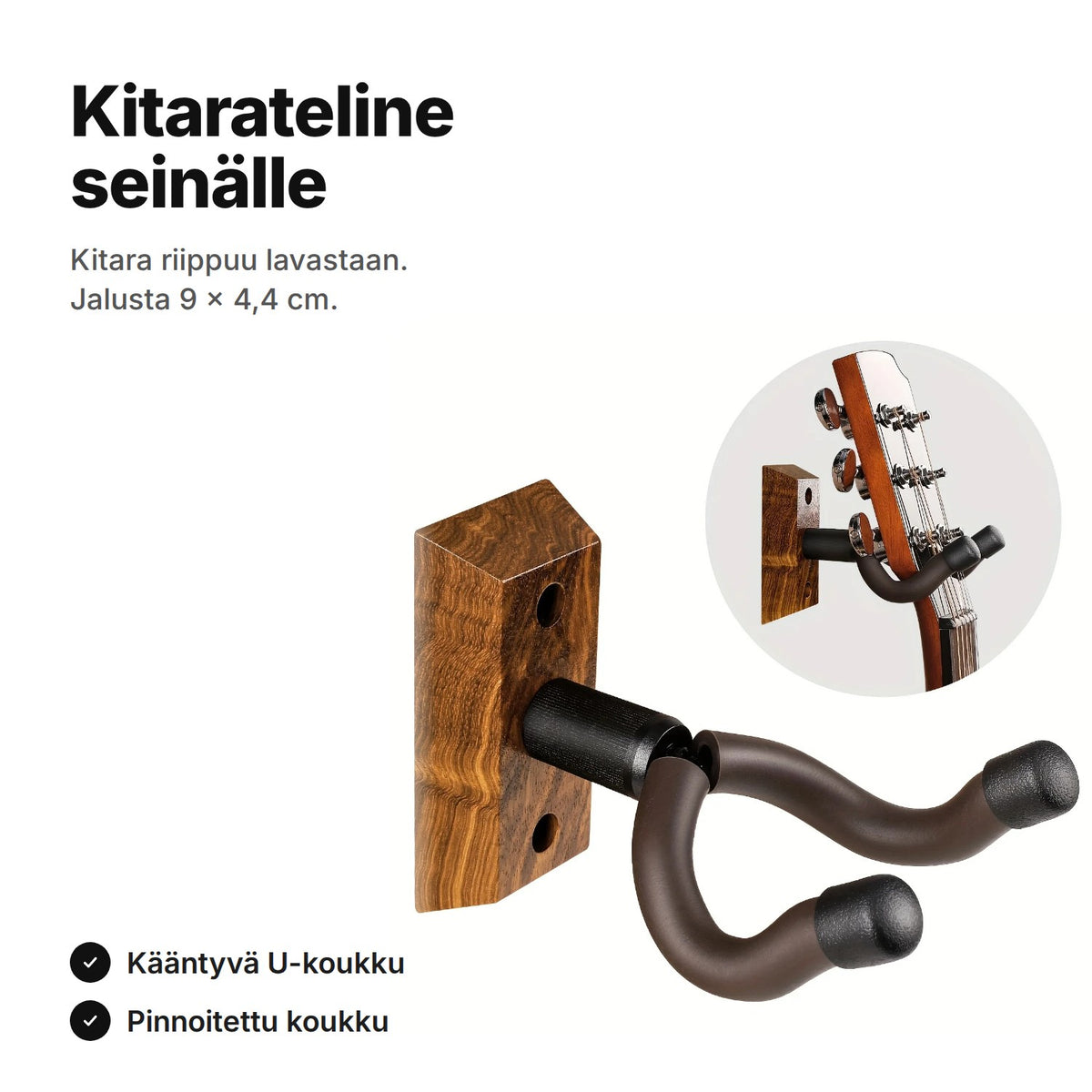 Kitarateline seinälle: puujalusta 9 × 4,4 cm ja kääntyvä, pinnoitettu U-koukku
