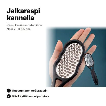 Jalkaraspi kannella: ruostumaton teräsraastin ja musta kahva, noin 20 × 5,5 cm