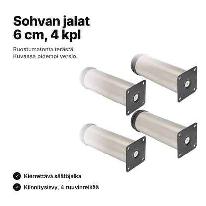 Sohvan jalat 6 cm, 4 kpl ruostumatonta terästä, säätöjalka ja kiinnityslevy – kuvassa pidempi versio