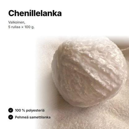 Chenillelanka valkoinen – viisi rullaa à 100 g, 100 % polyesteriä, pehmeä samettilanka