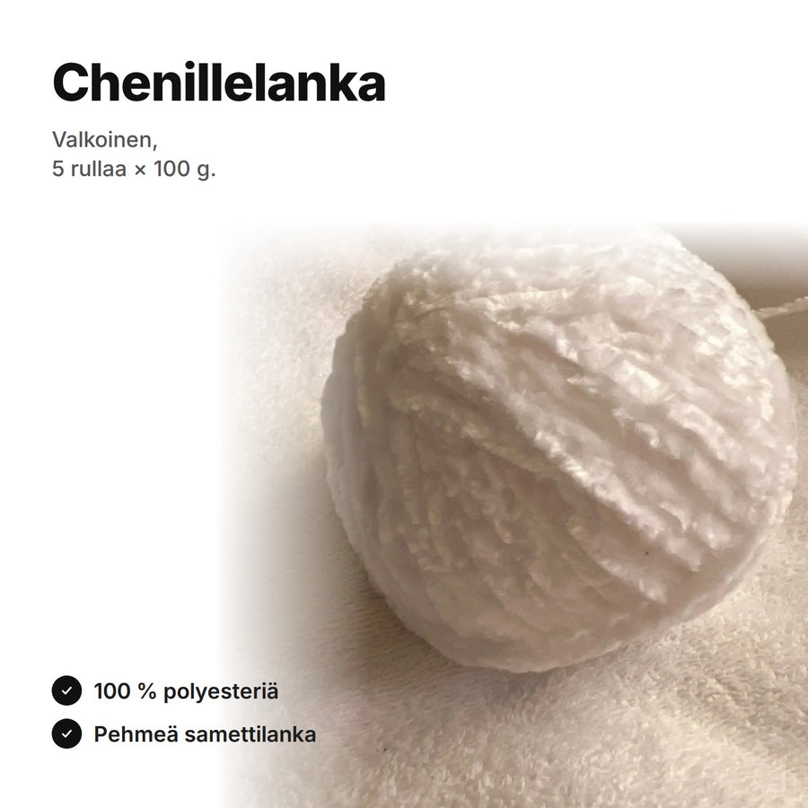 Chenillelanka valkoinen – viisi rullaa à 100 g, 100 % polyesteriä, pehmeä samettilanka