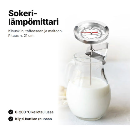 Sokerilämpömittari, kellotaulu 0–200 °C ja klipsi kattilan reunaan, n. 21 cm