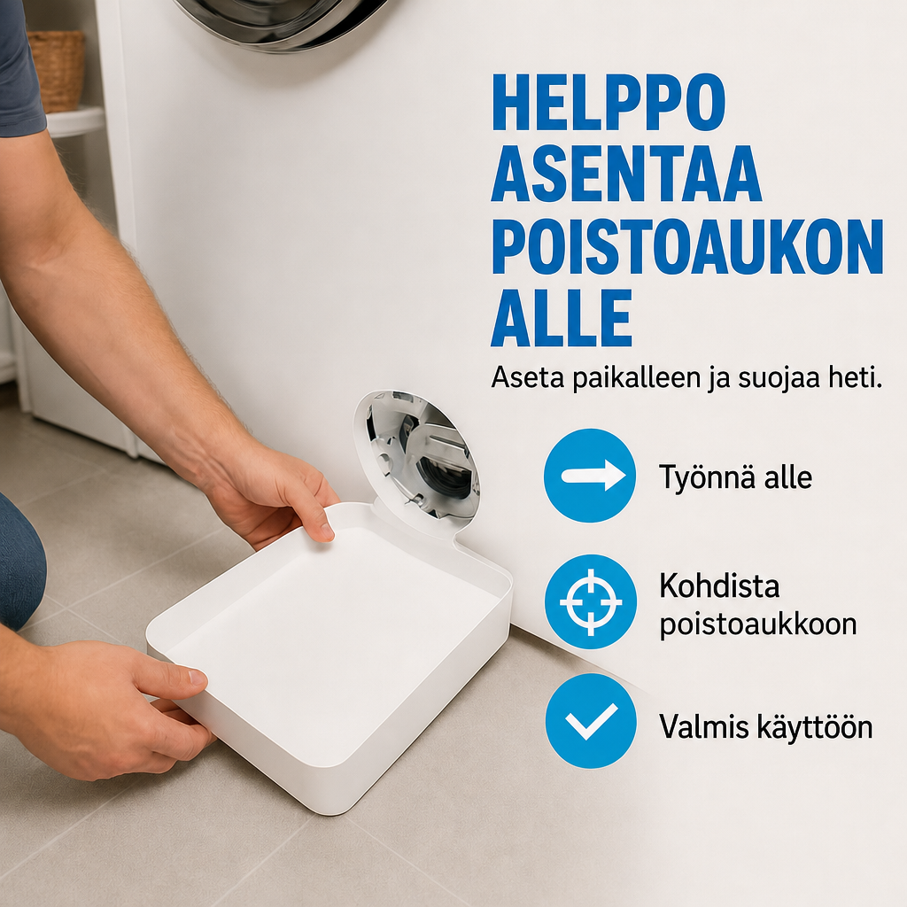 Tippa-alusta pesukoneelle – kerää veden poistoaukosta