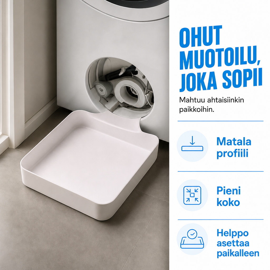 Tippa-alusta pesukoneelle – kerää veden poistoaukosta