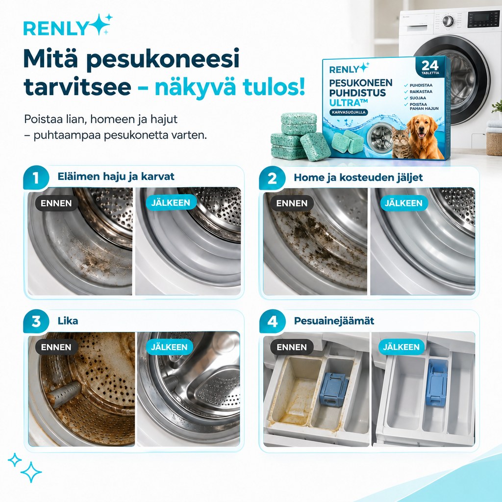Renly pesukoneen puhdistusaine – Pro 12 tai Ultra 24 tablettia