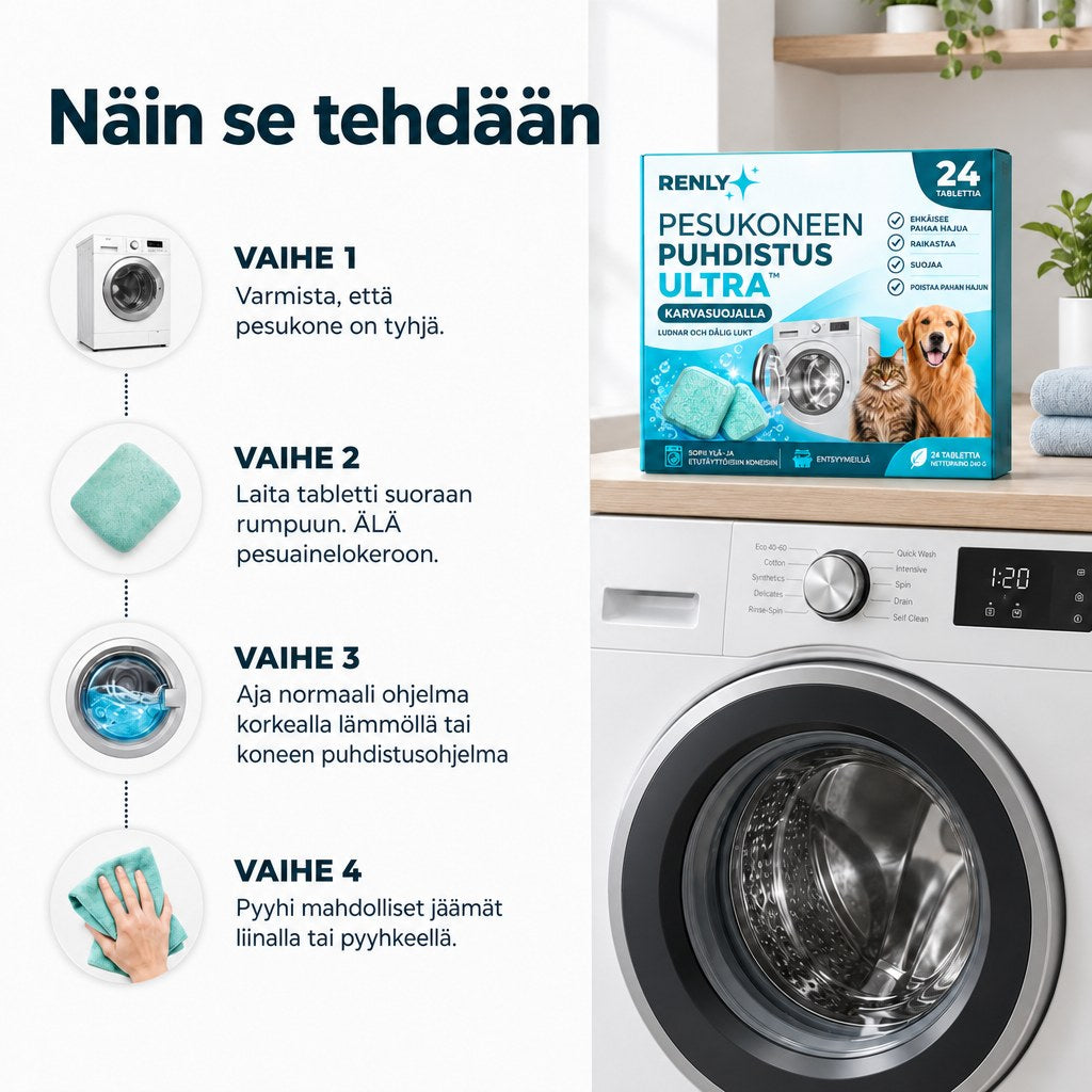 Renly pesukoneen puhdistusaine – Pro 12 tai Ultra 24 tablettia