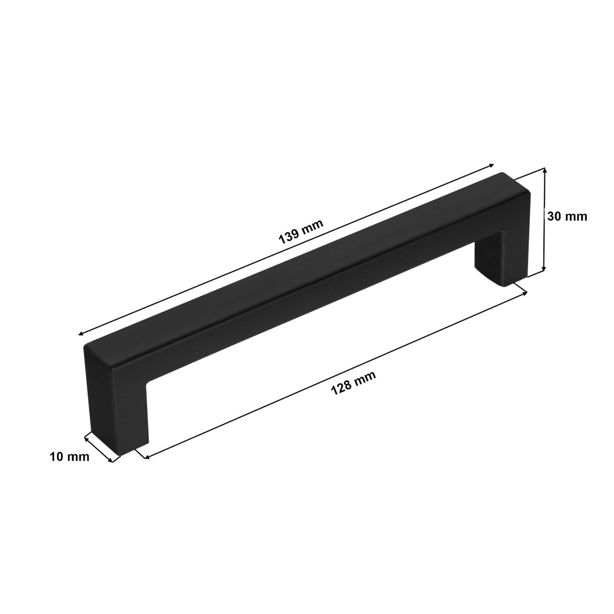 Vetimen mitat toimittajan piirroksessa: reikäväli 128 mm, pituus 139 mm, korkeus 30 mm, leveys 10 mm